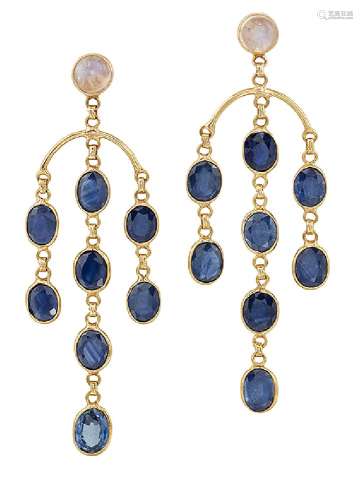 A pair of sapphire and moonstone drop earrings, the circular cabochon moonstone single stone tops to