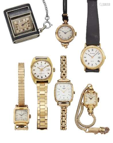 A group of watches, comprising: an 18ct gold wristwatch by Longines with square dial and