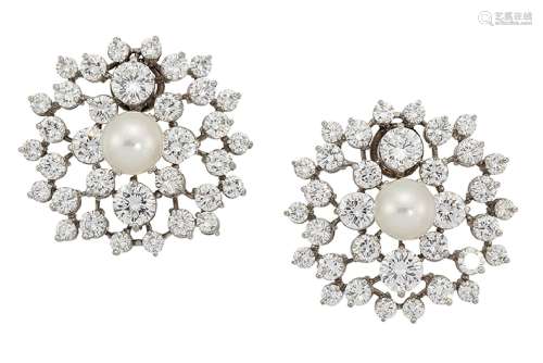A pair of diamond and cultured pearl cluster earrings, the single cultured pearls mounted
