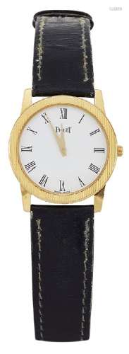 An 18ct gold quartz wristwatch, by Piaget the circular white dial with Roman black numerals,