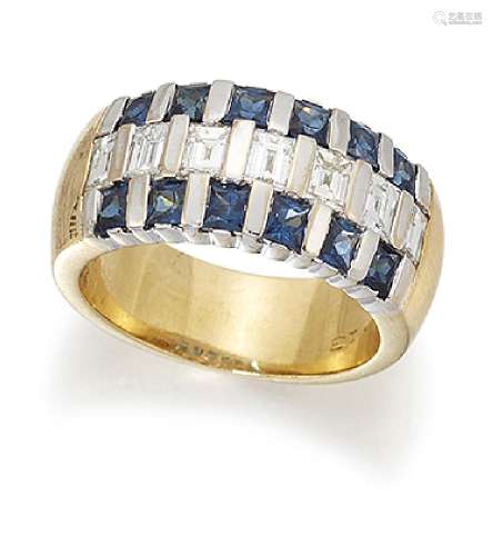 A sapphire and diamond half-hoop ring, the central line of baguette-cut diamonds between single