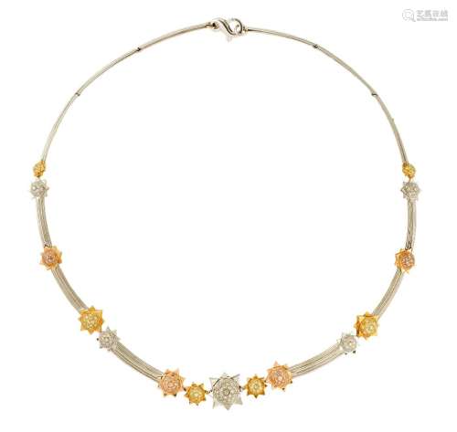 A diamond and coloured diamond necklace, the front composed of five graduated star motifs pave-set