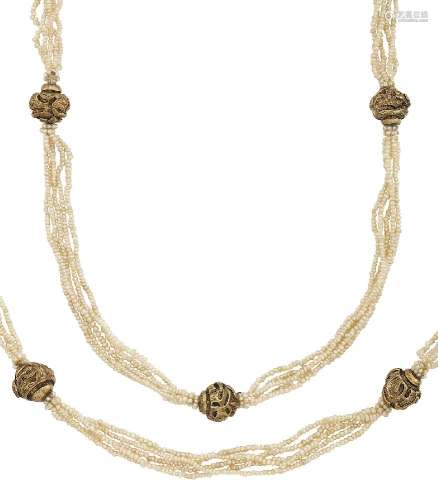 An early 20th century seed pearl sautoir necklace, with gilt chased bead spacers, c. 1925, length
