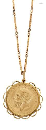 A sovereign pendant necklace, the George V sovereign, 1915, in pendant mount to a gilt metal fancy