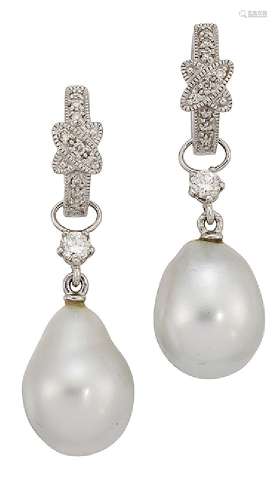 A pair of cultured pearl and diamond earrings, the pear shaped cultured pearl detachable drops,