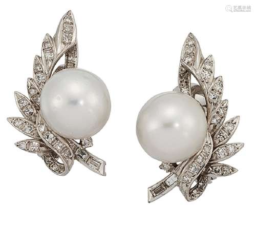 A pair of cultured pearl and diamond earrings, each with single cultured pearl, measuring