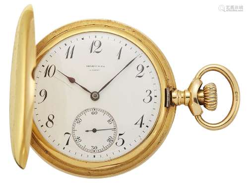 An 18ct gold hunter case keyless lever pocket watch, by Asprey, the white enamel dial with Arabic