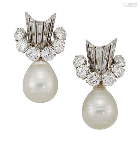A pair of cultured pearl and diamond earrings, each pear shaped cultured pearl detachable drop,