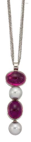 An 18ct white gold, pink Tourmaline and cultured pearl pendant by Leo de Vroomen, composed of two