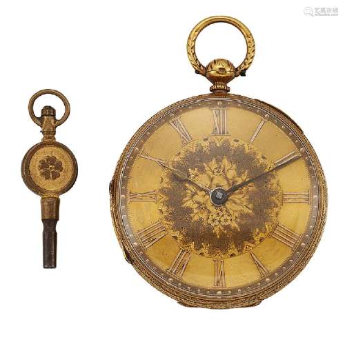 A 19th century 18ct gold open-face cylinder fob watch, the foliate engraved champagne dial with