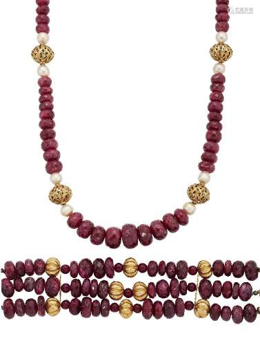 A dyed ruby necklace and bracelet, the graduated dyed faceted ruby bead necklace with pierced bead
