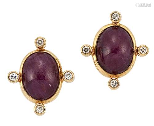 A pair of 18ct gold, ruby and diamond earrings, each closed-set oval cabochon ruby single stone with