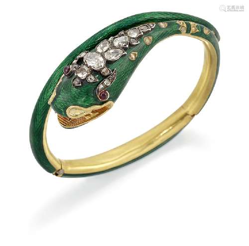 A Victorian gold, diamond and enamel serpent bangle, of green guilloche enamel, the head with old-