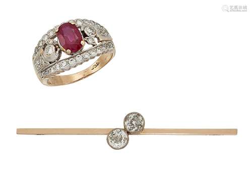 A diamond two stone bar brooch and a synthetic ruby and diamond cluster ring, the ring with