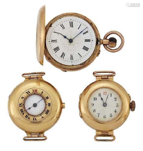 A group of two lady's 18ct gold wristwatches and a gold fob watch, the first wristwatch with white
