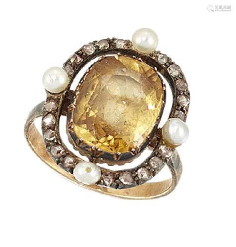 A topaz, diamond and seed pearl cluster ring, the 19th century cluster with central partially