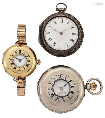 A group of three watches, comprising: an18th century English silver pair case verge pocket watch,