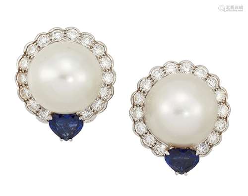 A pair of cultured pearl, diamond and sapphire earrings, the central cultured pearls within pave