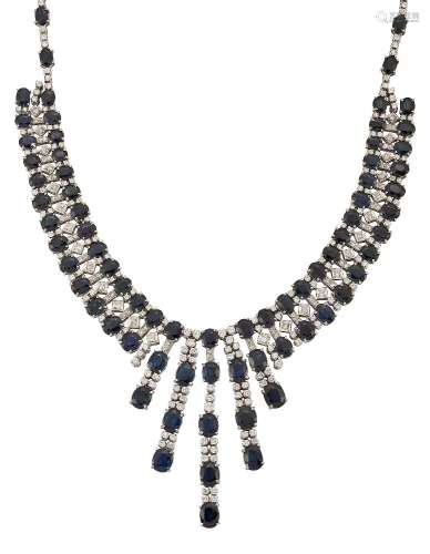 A sapphire and diamond fringe necklace, the triple row front section with central graduated tassels,