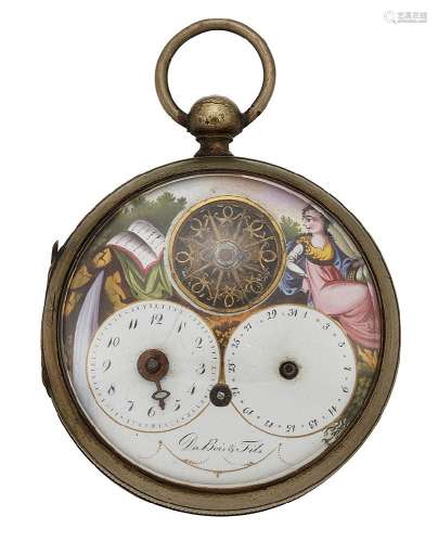 A late 18th / early 19th century nickel-plated openface verge, calendar pocket watch, the painted