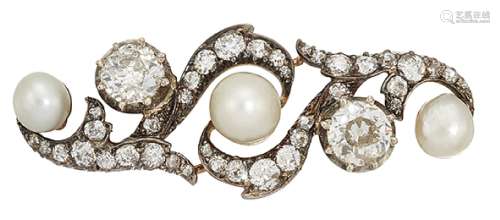 A late 19th century pearl and diamond brooch, of old-cut diamond scroll design with single pearl