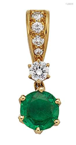 An 18ct gold, emerald and diamond pendant by Cartier, the circular-cut emerald with brilliant-cut