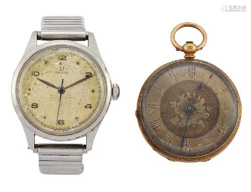 A stainless wristwatch by Omega and a 19th century gold pocket watch, the wristwatch with circular