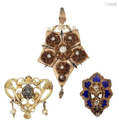 Two late 19th century gold and rose-cut diamond brooches and a 19th century gold and rose-cut