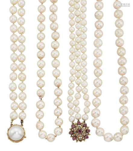 Four cultured pearl necklaces, comprising: a three row to a 9ct gold, circular-cut ruby and cultured