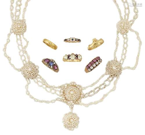 AMENDMENT A group of six antique gold rings and an early 19th century seed pearl necklace, rings