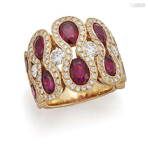 A ruby and diamond dress ring, the front composed of a series of graduated 'figure-of-eight'