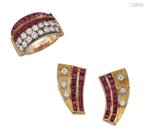 A ruby and diamond ring and pair of earrings, the ring of wave design composed of two lines of