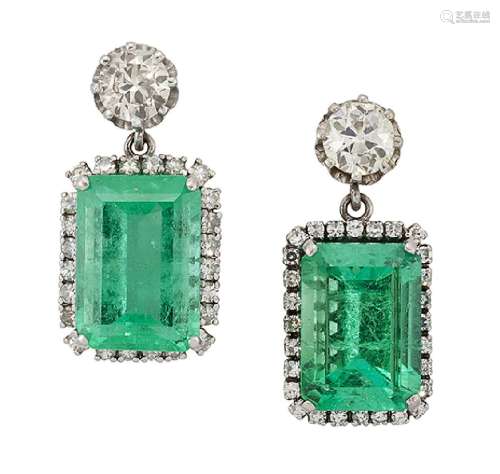 A pair of emerald and diamond earrings, each cut-cornered rectangular emerald drop with single-cut