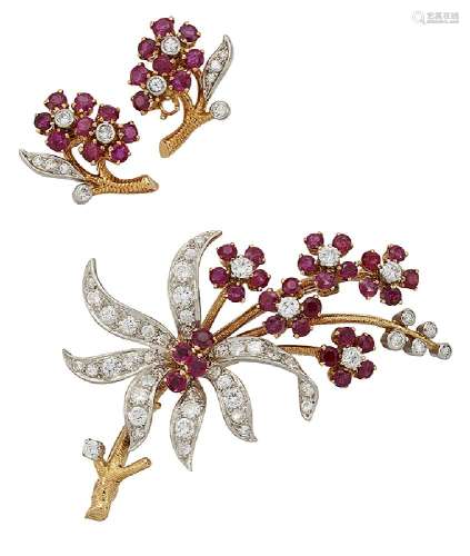 A ruby and diamond brooch by Boucheron and a pair of ruby and diamond earrings, the brooch of floral