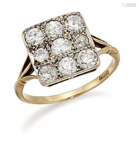 A diamond square cluster panel ring, composed of nine old brilliant-cut diamonds, to trefoil
