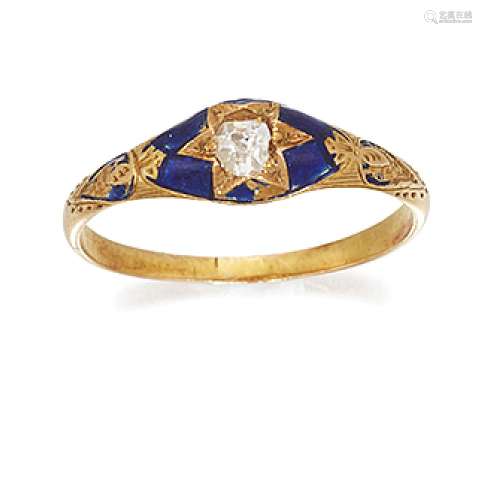 A late Victorian gold, diamond and enamel ring, the slightly tapering band with single old-cut