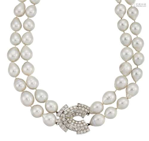 A cultured pearl and diamond necklace, the two rows of baroque cultured pearls, approximate