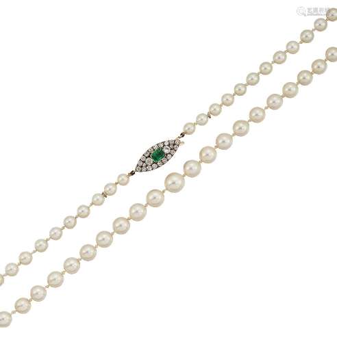 A cultured pearl, emerald and diamond necklace, the single row of cultured pearls, graduating from