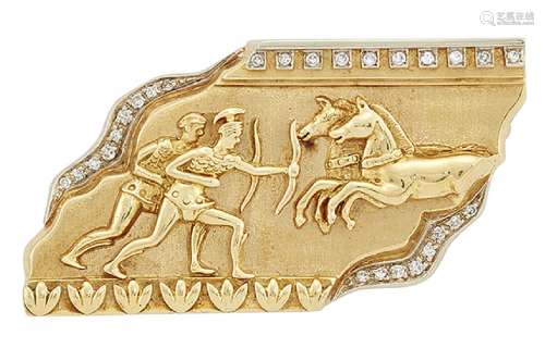 A novelty 18ct gold and diamond brooch, modelled as a stylised ancient frieze fragment depicting two