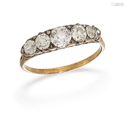 A late Victorian diamond five stone ring, of half-hoop design set with five graduated old-
