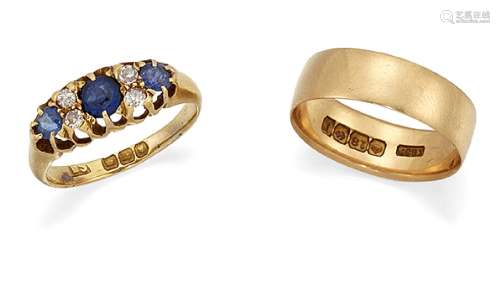 A diamond and sapphire ring and an 18ct gold band ring, the first an 18ct gold, diamond and sapphire