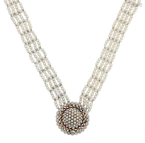 An early 20th century seed pearl and diamond necklace, the central seed pearl bombé cluster with