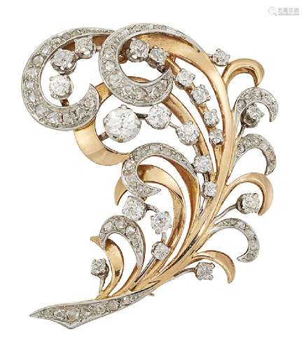 A diamond brooch, of scrolling feather design with old brilliant-cut diamond accents and rose-cut