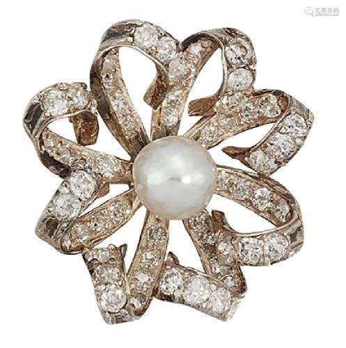 A late 19th century natural pearl and diamond brooch, the central pearl, measuring approximately 7.