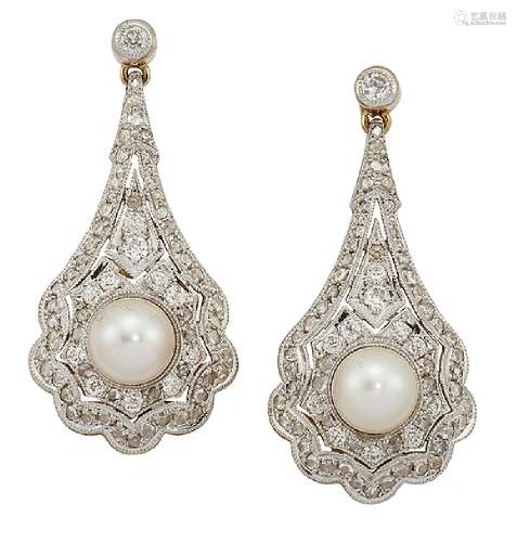 A pair of diamond and cultured pearl drop earrings, each with pear-shaped pierced panel drop, set in