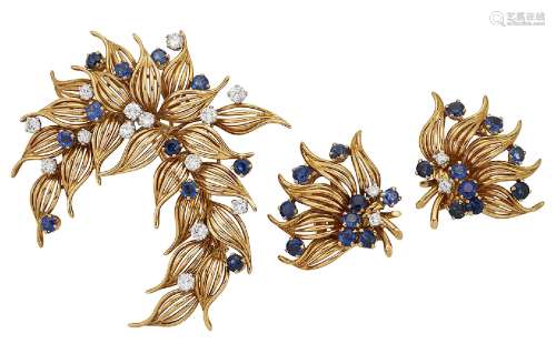 A sapphire and diamond-set brooch and pair of earclips, the brooch of foliate spray design