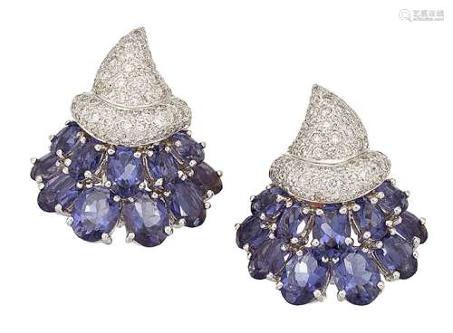 A pair of diamond and tanzanite drop earrings, of inverted cornucopia design, the pavé brilliant-cut