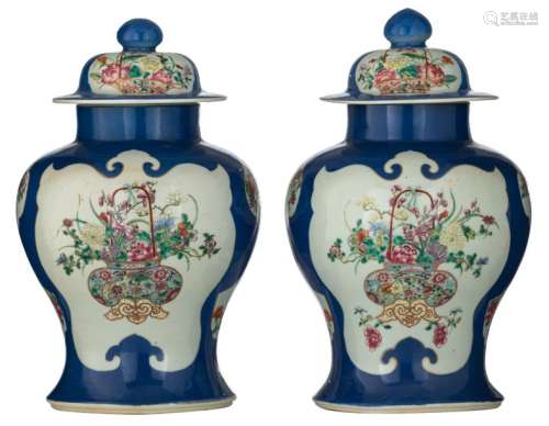 A pair of Chinese blue ground vases and covers, th…