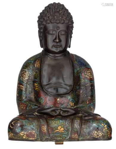 An Oriental bronze champlevé enamel figure, depict…