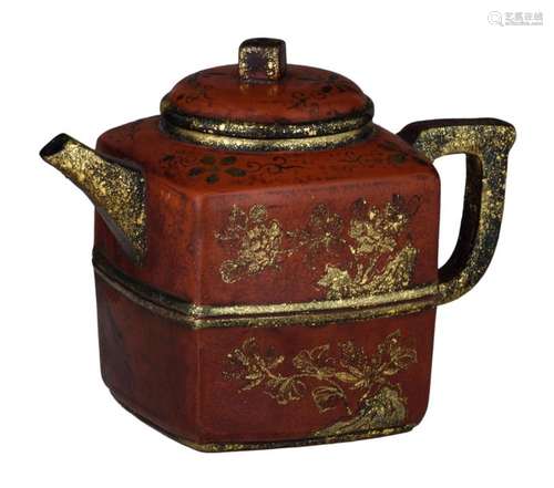 A Chinese Yixing zhisha rectangular teapot, gilt d…